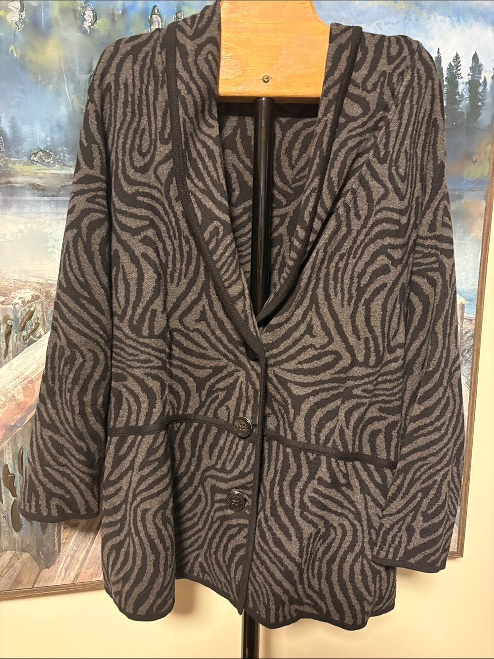 Alfani Gray Zebra-Print Button Sweater